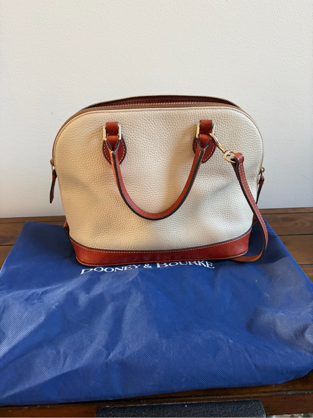 Dooney & Bourke Cream Pebbled Leather Satchel with Brown Trim and Handles